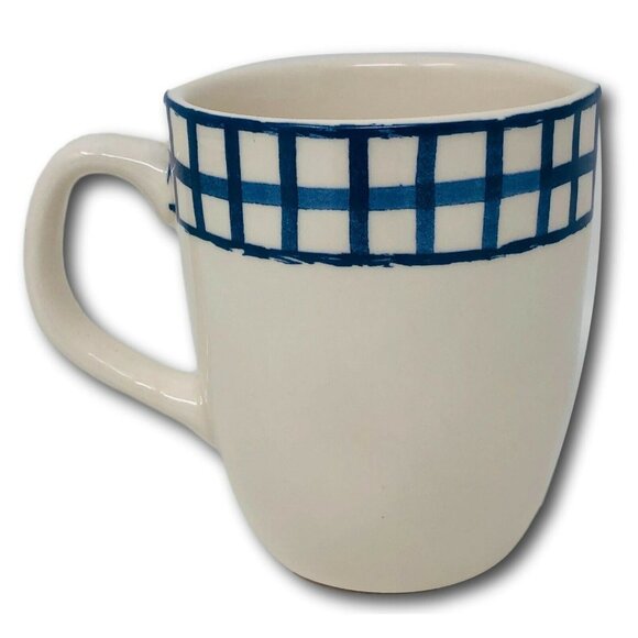 Rae Dunn Drink Mug Blue Gingham Check Plaid Artisan Collection Coffee Tea - Picture 2 of 3